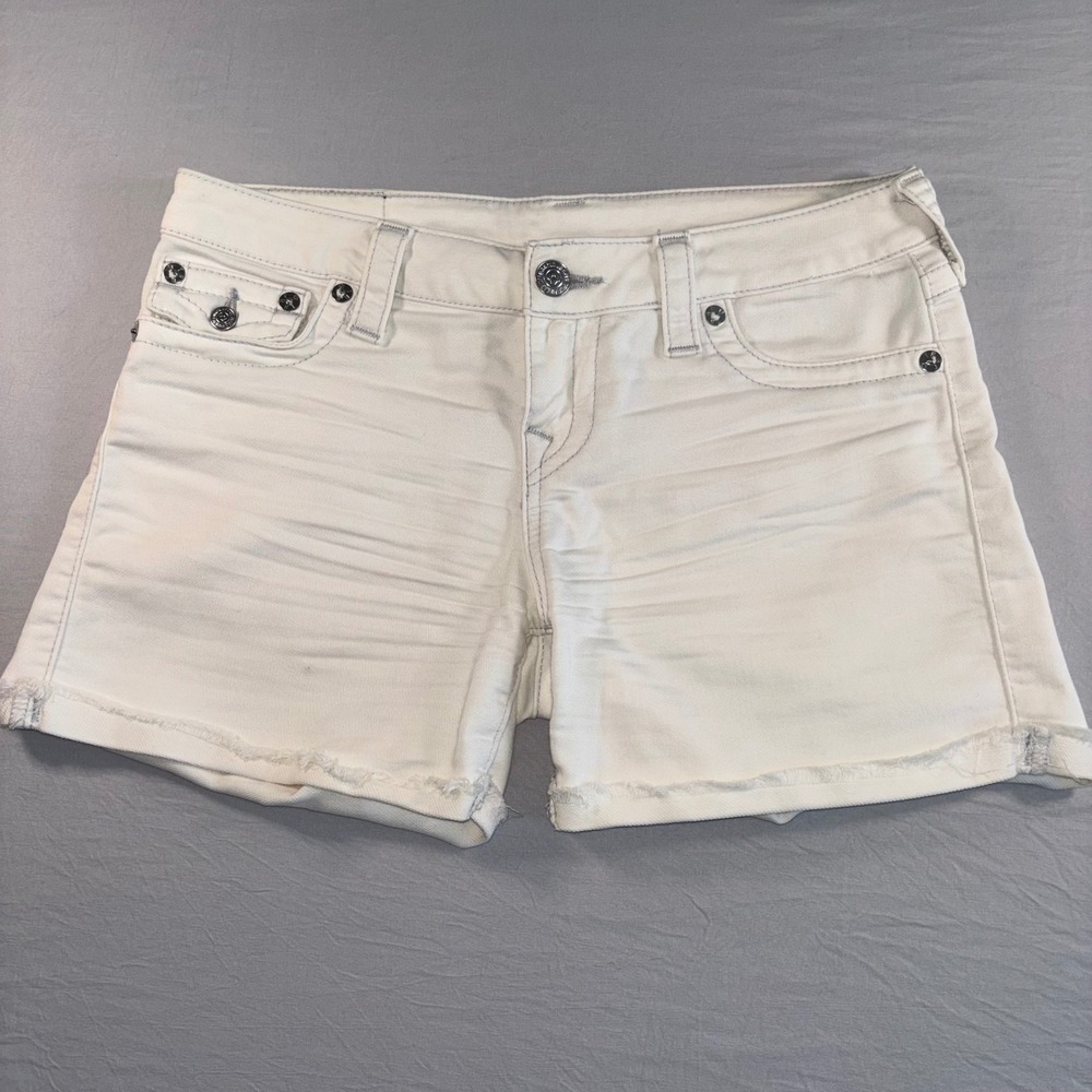 True Religion White Denim Cut Off Shorts Joey Buddha World Tour Size 29